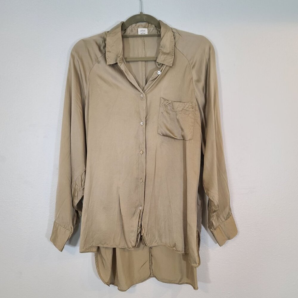 Aritzia Wilfred 100% Cupro Collared Hi Low Button Up Long Sleeve Blouse Bronze S